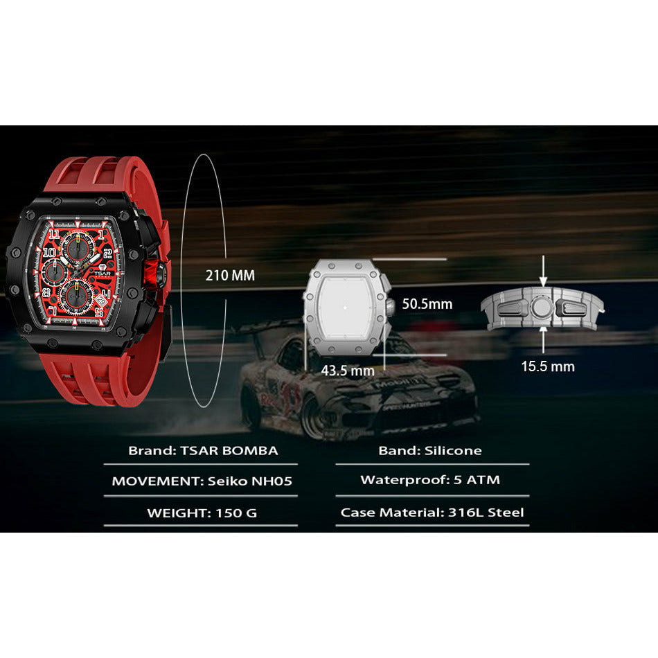 TSAR BOMBA Quartz Waterproof Watch TB8204Q-09 / Black / Red