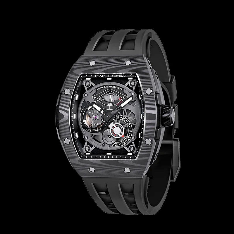 TSAR BOMBA Men's Automatic Power Reserve Carbon Fiber Watch TB8210CF Black