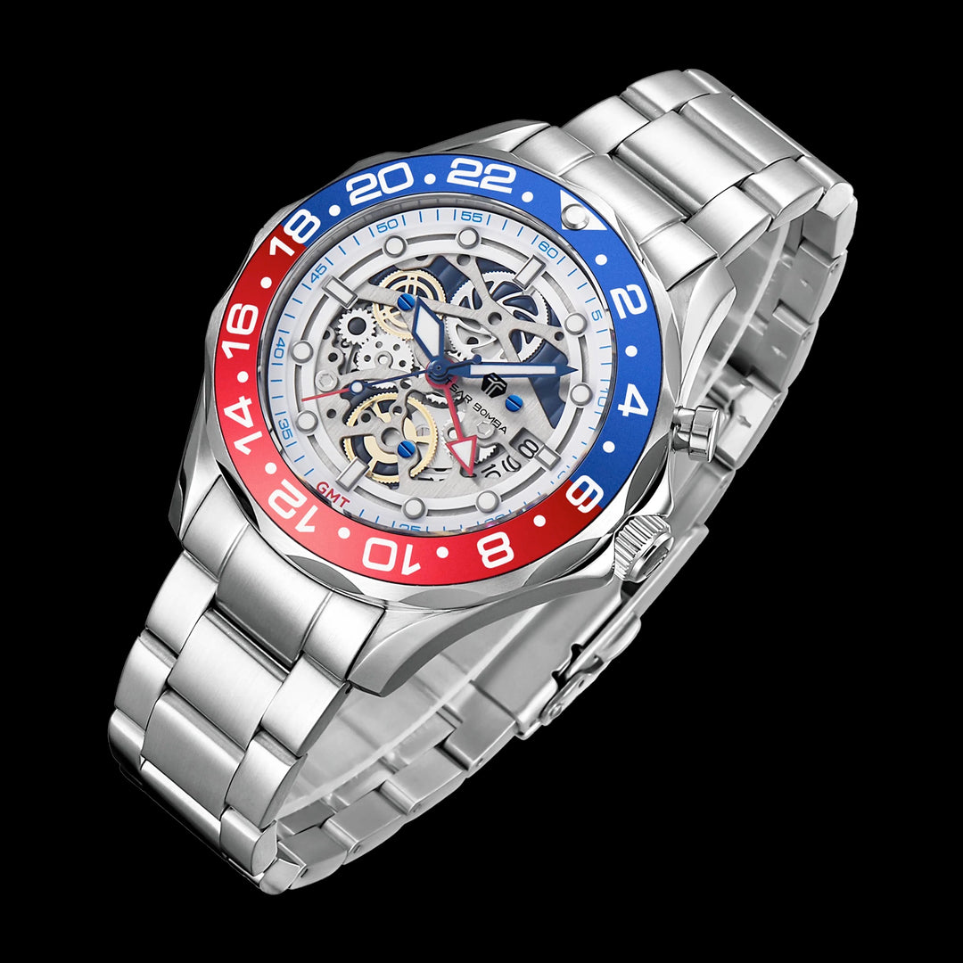 TSAR BOMBA GMT Date Automatic 200M Waterproof Watch TB8802H Pepsi / White